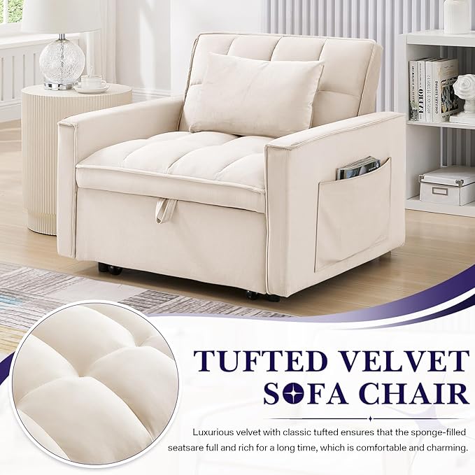 Antetek Sleeper Sofa Chair Bed Convertible Velvet Single Pull Out Sofa Chair Modern Tufted Living Room Reading Chair with Adjustable Backrest/Pillow for Small Spaces Apartment Office Beige