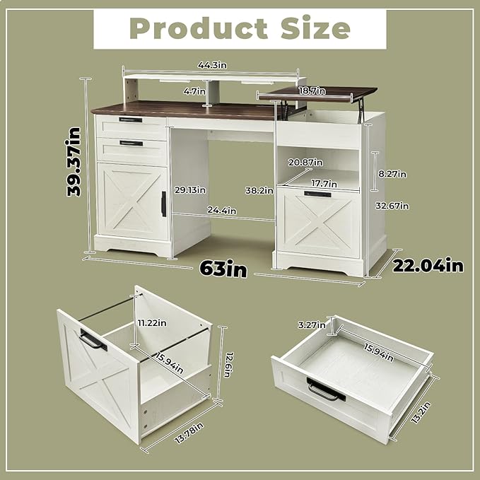 Executive Desk with File Storage Drawer 63 Lift Top Farmhouse Home Office Gaming Desk with Charging Station 3 Drawers Sensor Lights Wood Computer Table with Monitor Stand Antique White