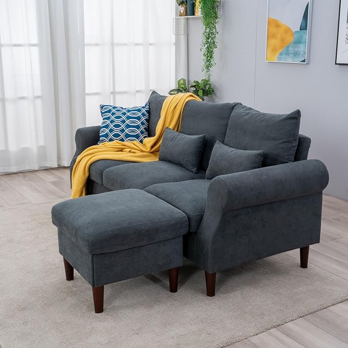 Panana Sectional Sofa Modern Deep 3-Seat Sofa Couch with Ottoman Upholstered Furniture for Living Room Apartment Studio Office (Grey Linen Rolled Arms)