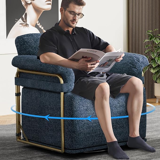 Swivel Accent Chairs 360 Swivel arm Chairs for Bedroom Club Chair with Back Gold Frame Tall Base for Office and Living Room (Blue)