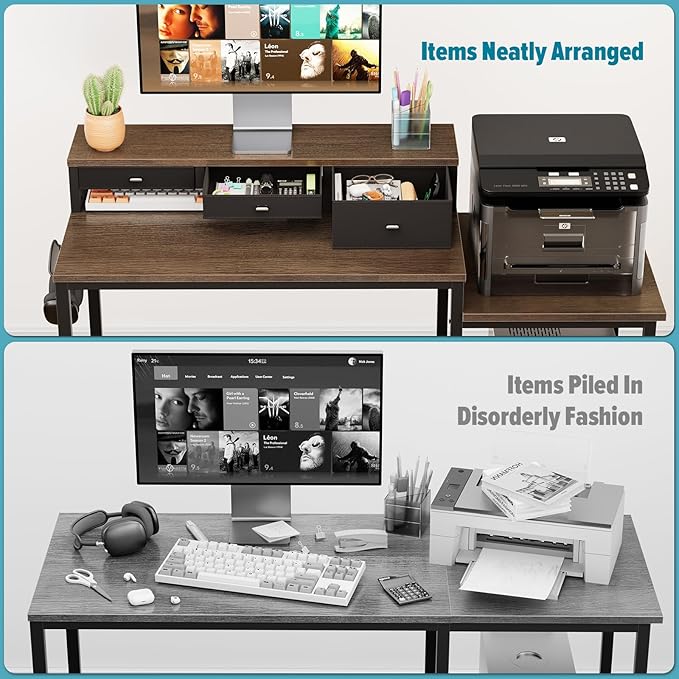 SINPAID 47 inch Computer Desk with Printer Shelf Gaming Desk with Monitor Stand and Drawers Reversible Home Office Desk with Storage Shelves and 2 Hooks Home Workstation for Study Writing Walnut