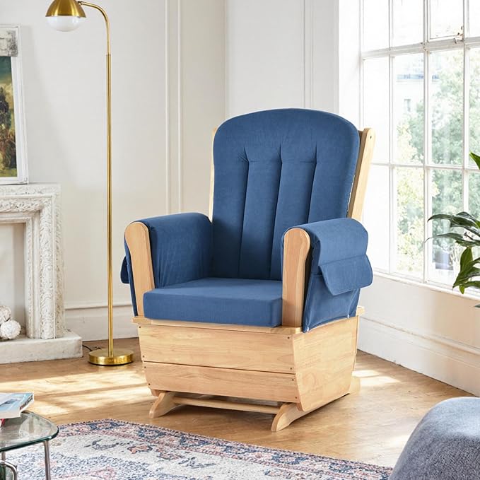 Stylish Modern Glider RockerSolid Wood Glider Gentle Rocking Chair with Padded Cushion Water Oil Resistant Fabric Applicable to ReadWatchSleep Blue