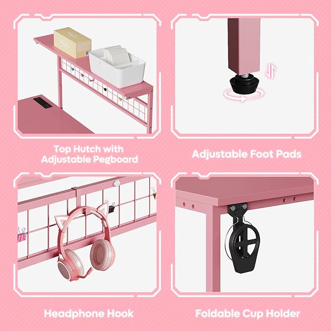 Bestier Gaming Desk 51 L-Shaped with Power Outlets &amp LED Lights- 4 Tier Shelves Reversible Gamer Table with Hooks &amp Cup Holder for Home Office Carbon Fiber Pink