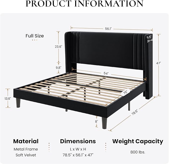 SHA CERLIN Full Size Velvet Upholstered Platform Bed Frame with Vertical Channel Tufted Wingback Headboard Wooden Slats Support Easy Assembly Under Bed Storage No Box Spring Required Black