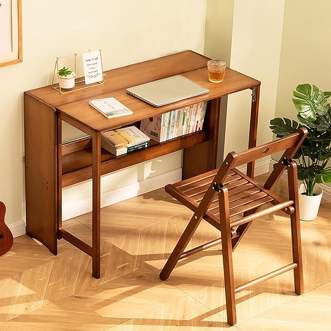 Bamboo Folding Desk Laptop Desk Writing Desk with Storage Shelf Vanity Table Small Computer Table Space Saving Workstation for Home Office