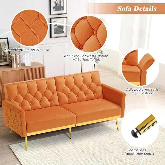 Velvet Sofa Bed w/Adjustable Armrests and Backrests Modern Convertible Sleeper Sofa Tufted Futon Sofa for Bedroom Living Room Apartment Orange