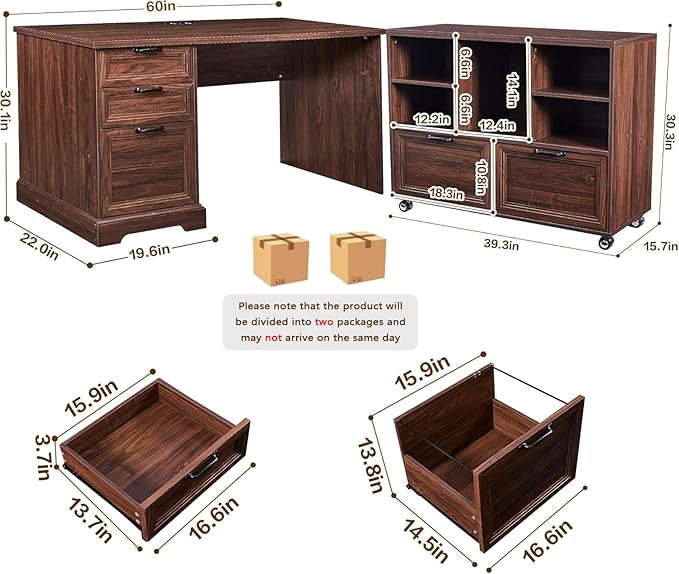 60 Farmhouse Executive Desk and 40 Mobile File Cabinet CombinationL Shaped Executive Desk with Charging StationHome Office Desk for Office WorkHome Study (Walnut)
