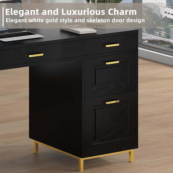 Black Computer Desk with 7 Drawers 57 Inch Home Office Desk with File Drawers Wood Modern Desk with Storage for Bedroom Executive Desk with Golden Legs and Handles Black and Gold