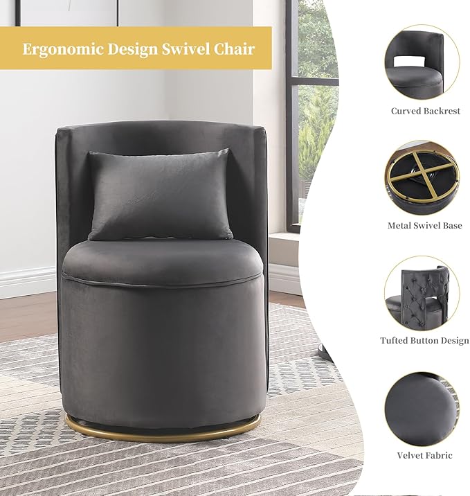 360° Swivel Accent Chair Velvet Chair with Storage Function Curved Chair with Gold Metal Base Accent Chair for Living Room Bedroom Home OfficeApartment-Grey