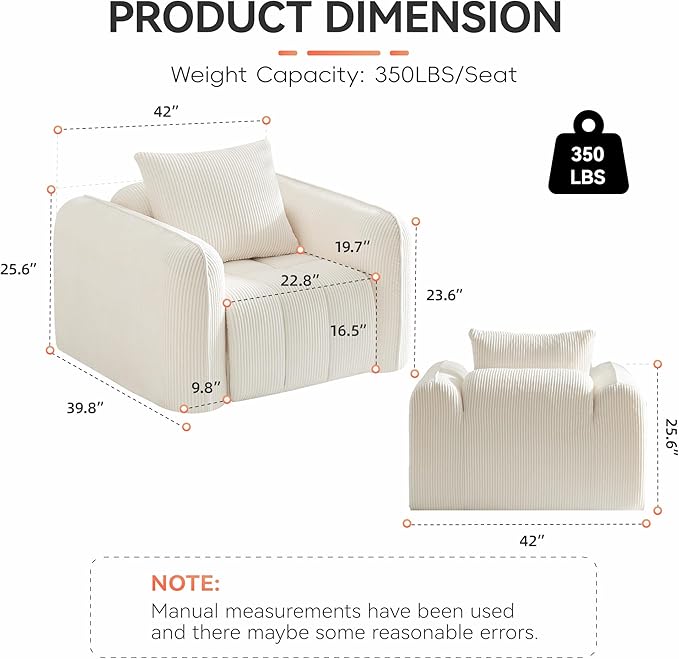 Oversized Boneless Corduroy Accent Chair Comfy Deep Seat Armchair for Bedroom Modern Upholstered Living Room Sofa Chair with Pillow No Assembly White