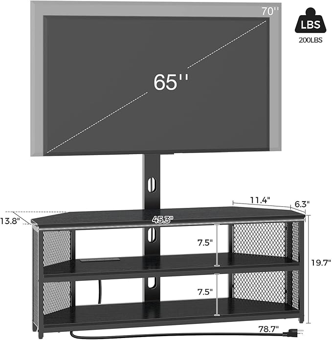 Rolanstar TV Stand with Mount and Power Outlet Swivel TV Stand with LED Lights for 32/45/55/60/65/70 inch TVs Black Entertainment Center Media Console with Height Adjustable Mount