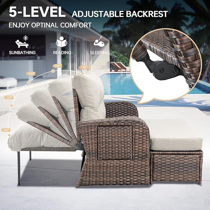 Outdoor Daybed Patio Daybed Wicker Recliner for Two with Multifunctional Recliner and Stowable Side Tray 5 Level Adjustable Backrest (Beige)