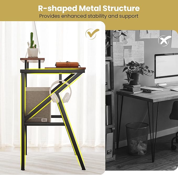 Giantex Small Desk with Storage Compact Computer Desk for Small Spaces with Monitor Stand Metal Frame &amp Earphone Hook Laptop PC Table Modern Writing Desk for Home Office Bedroom (Rustic Brown