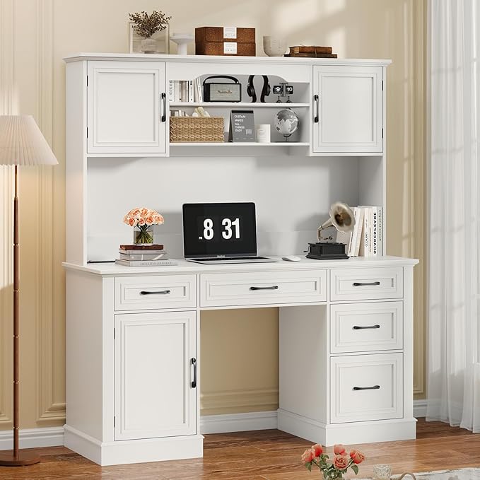67H Farmhouse Executive Desk with Hutch.Wood Workstation with 5 Drawers Storage Cabinet File Drawers and Charging Station Ideal as Office Desks Computer Desk for Home Office and Study.Cream White