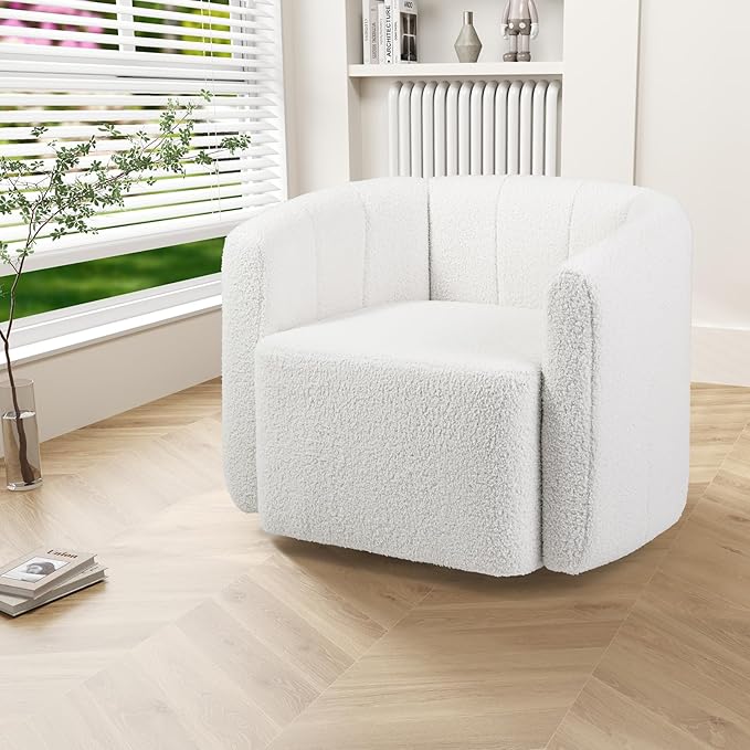 GOFLAME Swivel Barrel Chair Upholstered Sherpa Accent Chair with Curved Backrest &amp Armrests Reading Armchair Modern Club Tub Sofa Chair for Living Room Bedroom Study