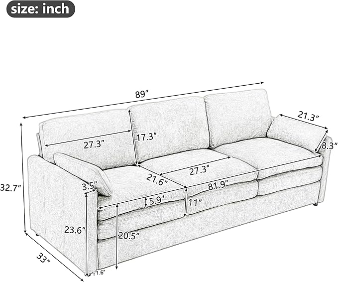 89 Oversized Cozy Upholstered 3-Seater Sofa Comfy Cloud Sofa with Detachable Lumbar Pillow Chenille Fabric Cloud Sofa Double Cushion Couch for Living Room (Beige-3c)