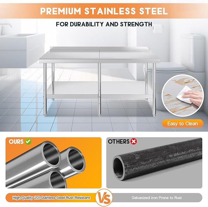 Jocisland 30 x 72 Stainless Steel Table for Prep &amp Work NSF Certified with Backsplash Adjustable Under Shelf &amp Safe Design for Restaurant Home and Outdoor