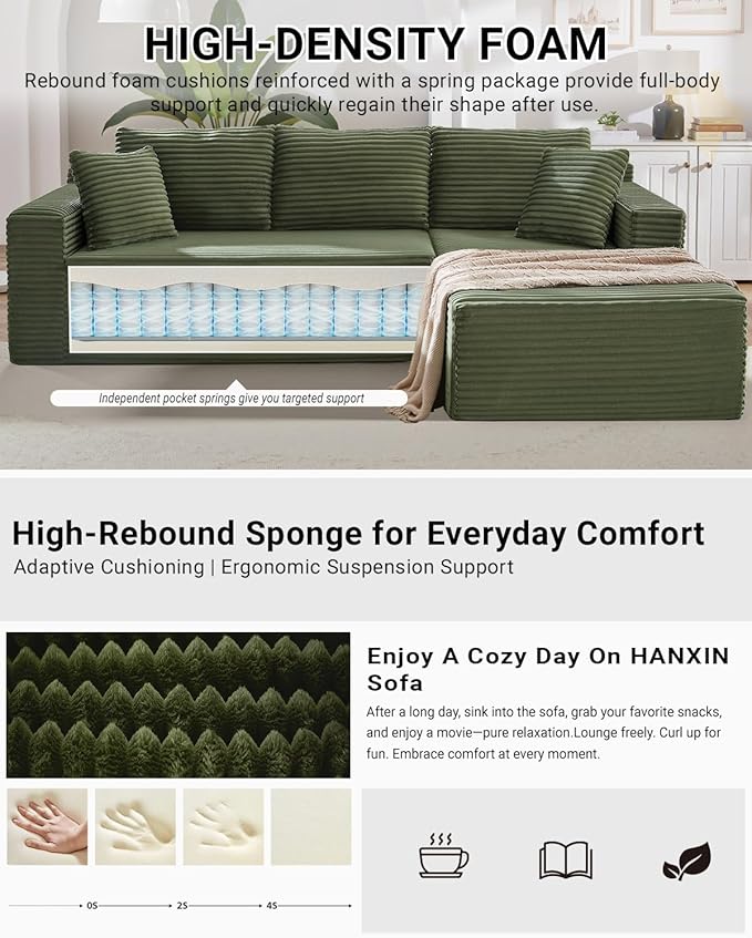 105 Inch Cloud Sectional CouchModern Modular Sectional Sofa with Deep SeatCorduroy Boneless Couches with L-Shape Chaise for Living Room BedroomNo Assembly Required (Green Right Facing Chaise)