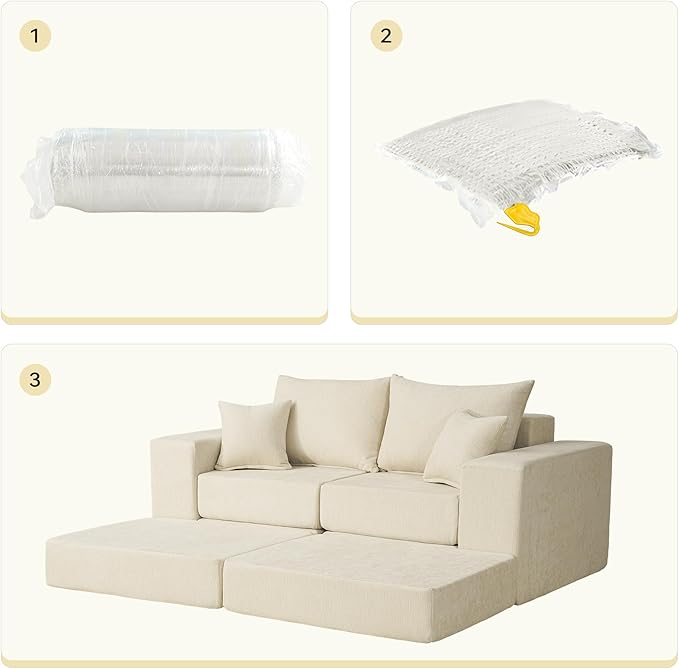 Modular Sectional Sofa with Convertible Sleeper Chenille Fabric 2-in-1 Couch Bed with Reversible Chaise Adjustable Modular Sofas for Living Room Beige