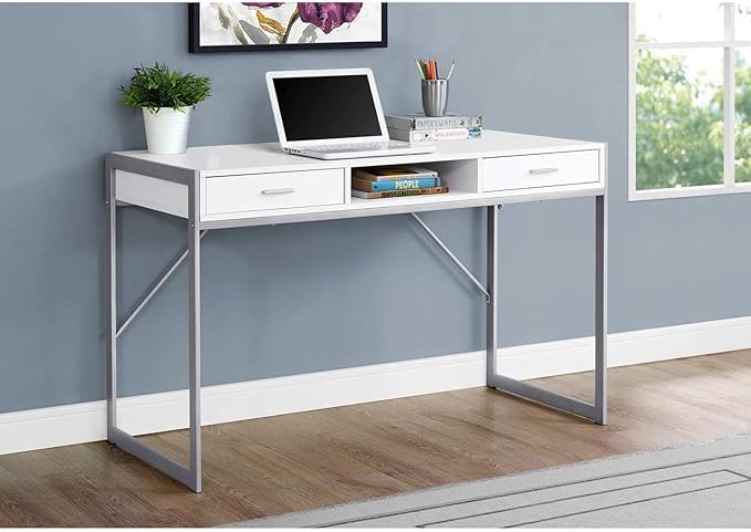 Monarch Specialties Contemporary Laptop Table with Drawers and Shelf Home &amp Office Computer Desk-Metal Legs 48 L White