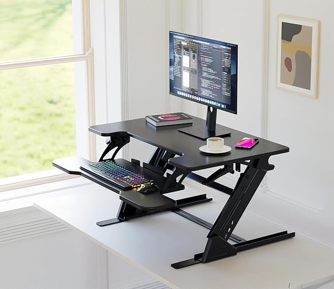 Standing Desk Converter 32 x 24 Inches - Height Adjustable Sit to Stand Riser with Keyboard Tray Ergonomic Workstation for Home Office Black