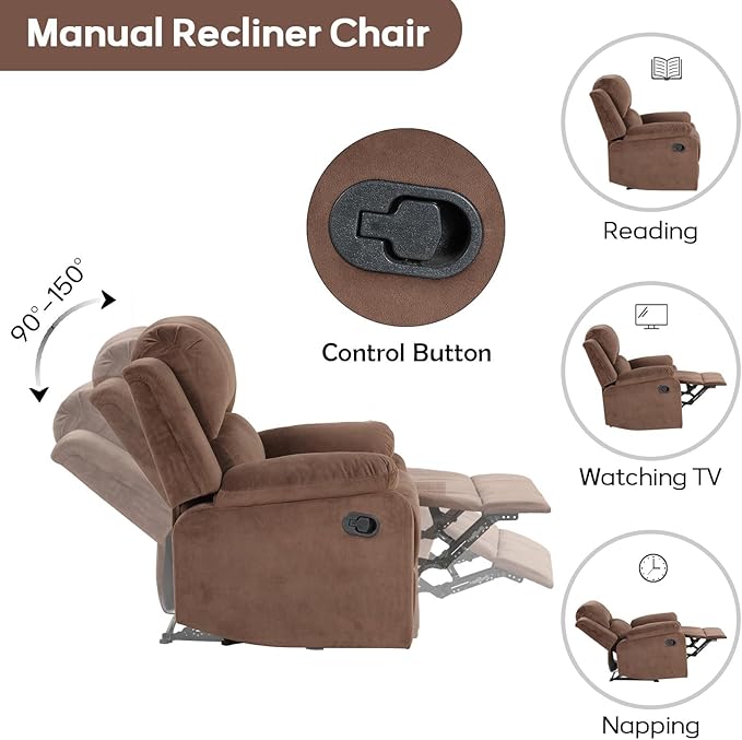 EBELLO Classic Recliner Manual Chair with Soft Padded Headrest and Armrest Overstuffed Recliner Single Sofa Chair for Living Room Bedroom Brown