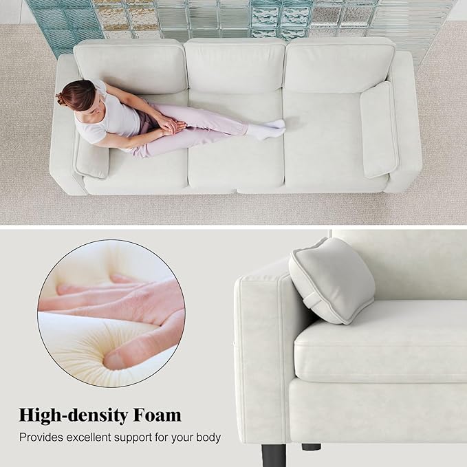 kinbor 3-Seater Couch - Big Comfy Sofa with Magazine Pockets &amp Detachable Cover Durable Foam Couch for Living Room Office Salon Creamy White