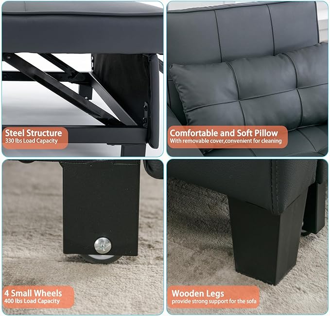 Modern Convertible Sleeper Sofa Bed 3-in-1 Adjustable Futon Couch with Storage &amp Removable Armrests for Apartment Studio Office Small Spaces (Black)
