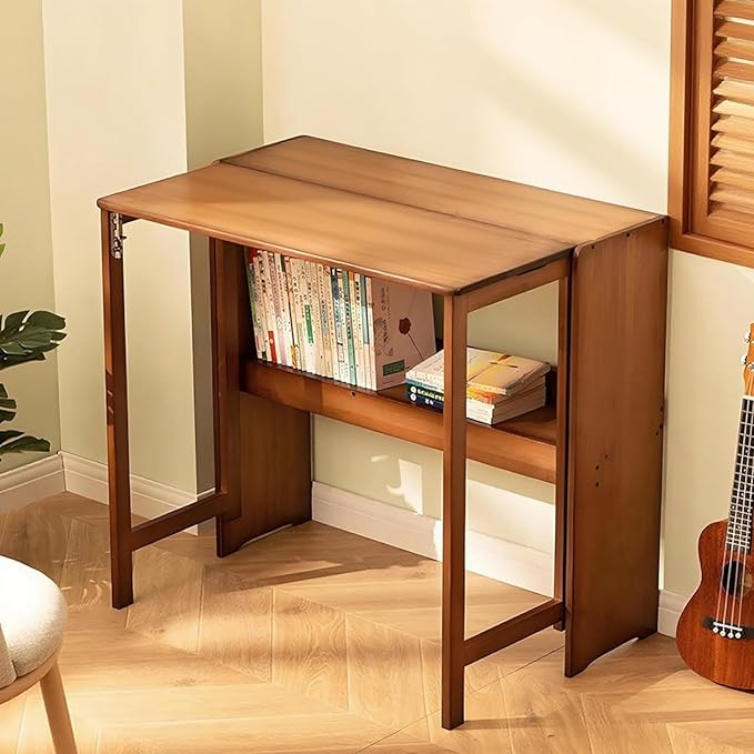 41'' Bamboo Folding Desk with Bookshelf – Space-Saving Computer Desk for Small Spaces Foldable Study Table Mid Century Modern for Home Office &amp Bedroom - Brown