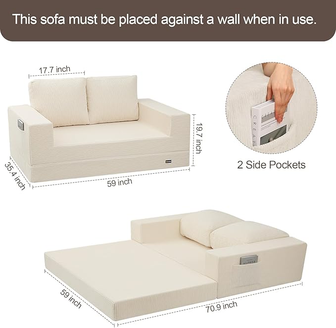 COMAX Convertible Sofa Bed Queen Folding Fold Out Couch Bed Floor Futon Couch Corduroy Sleeper Mattress with Back Pillows Boneless Sofa Comfy Lounge Loveseat for Living Room Bedroom Beige