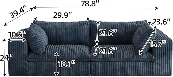 Modular Boneless Sofa 78.8 Loveseat Cloud Sectional Couches for Living Room Deep Seat Corduroy Upholstered Couch Furniture Set No Assembly Required (Blue Loveseat)