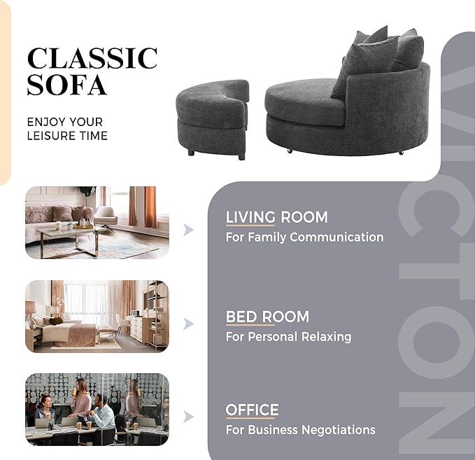ERYE Oversized Round Accent Barrel Chair with Storage Ottoman and 360 Swivel Base Modern Chenille Upholstered Leisure Recliner Armchair for Living Room Bedroom