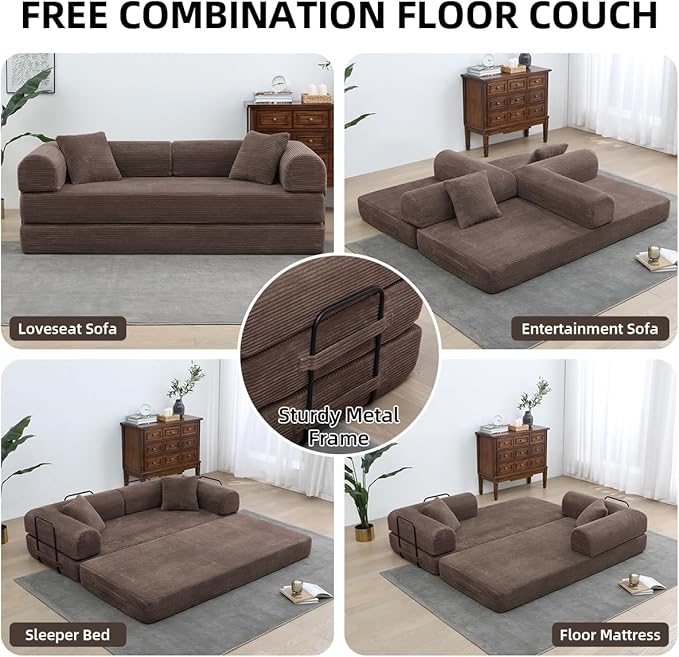 Convertible Folding Sofa BedFold Out Floor Sofa Couch with Fixed-Shape FrameCorduroy Foldable Mattress Cloud Couch for Living Room Bedroom (Brown 78 Inch)