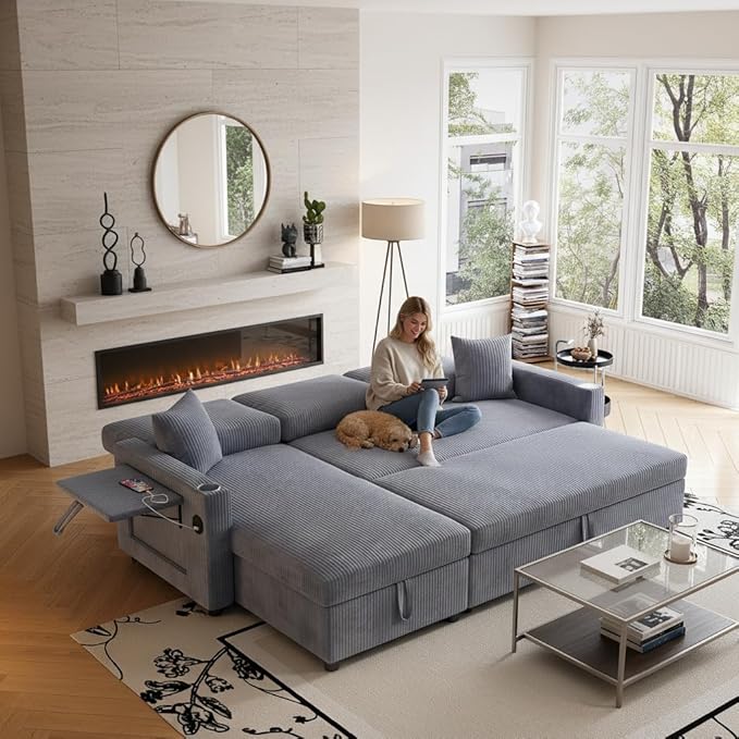 83 Sleeper Sectional Sofa Comfy Convertible Sofa Bed with Pull Out Couches Small Desktop Corduroy L Shaped Couch with Reversible Storage Chaise &amp USB for Living Room Apartment Grey