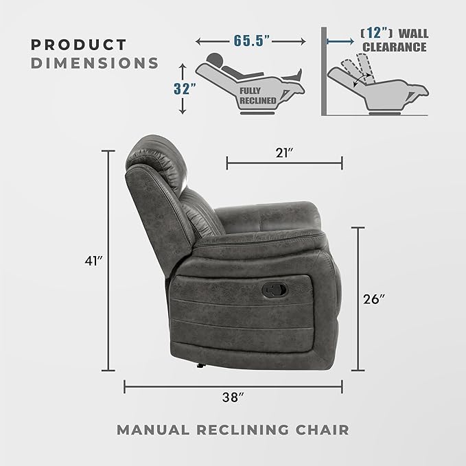Lexicon Recliner Chair Home Theater Seating Manual Polished Microfiber Upholstery Reclining Chair 39.5 W Recliner Brownish Gray