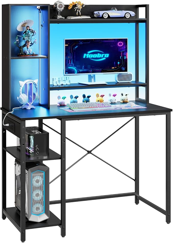 HOOBRO Computer Desk Small Gaming Desk with LED and Outlets Home Office Desk with Monitor Stand and Adjustable Shelf Computer Desk with CPU Stand for Home Office Small Space Black BB100UDDN01