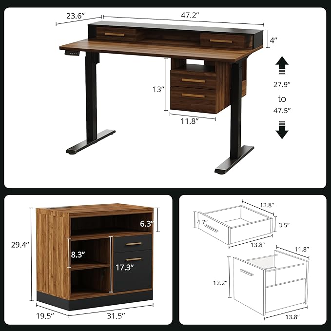 47.2'' Standing Desk with File Cabinet Height Adjustable Electric Sit Stand Desk Lateral File Cabinet Computer Workstation for Home Office Black Walnut