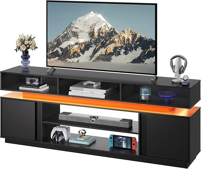 WLIVE Modern TV Stand for 75 Inch TV 2 Tier Entertainment Center with LED Lights &amp Storage Cabinets Media TV Console Gaming Television Stands for Living Room BedroomBlack
