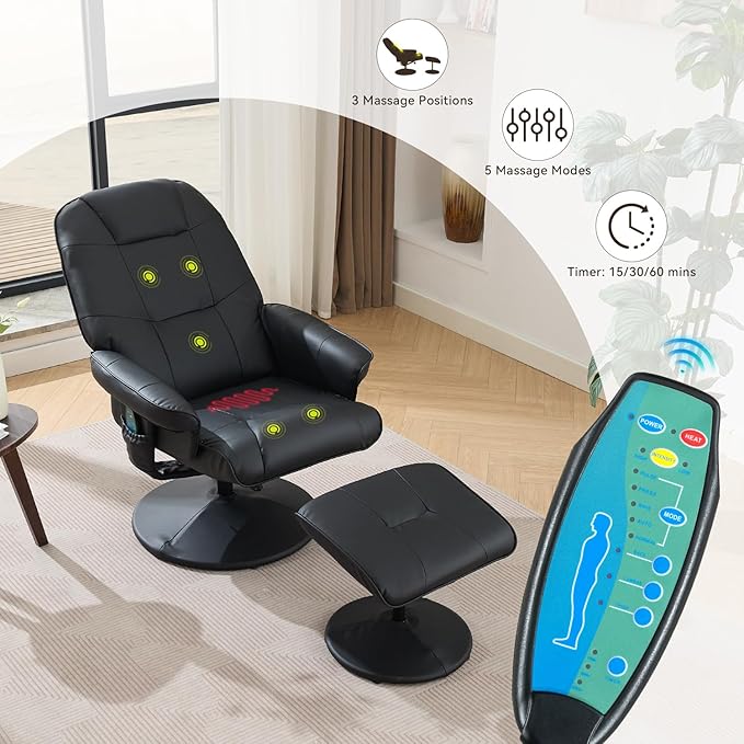 Ergonomic Recliner Chair with Ottoman for Adults 360° Swivel Massage Lounge Chair with 5-Point Vibration &amp Heated Seat140° Adjustable PU Leather Recliner for Living Room Office (Black+PU Leather