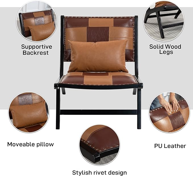 Modern Comfortable PU Leather Armless Mid-Century Style Lounge Armchair Brown Solid Wood Chair Floral Pattern Sofa Chair for Living Room/Office/Balcony/Bedroom (Brown Set of 1)