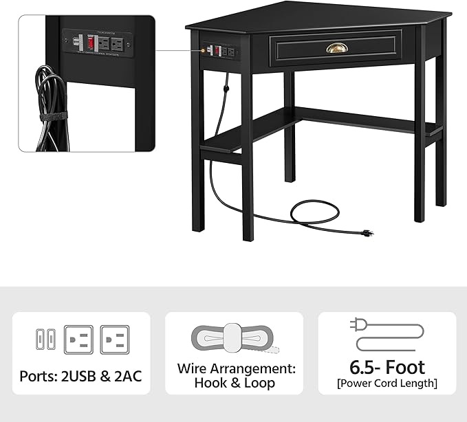 Yaheetech L Shaped Computer Desk Corner Table with Charging Station Outlets for Small Space 90 Degree Triangle Desk Home Office Table with Drawer and Storage Shelf for Workstation Living Room Black