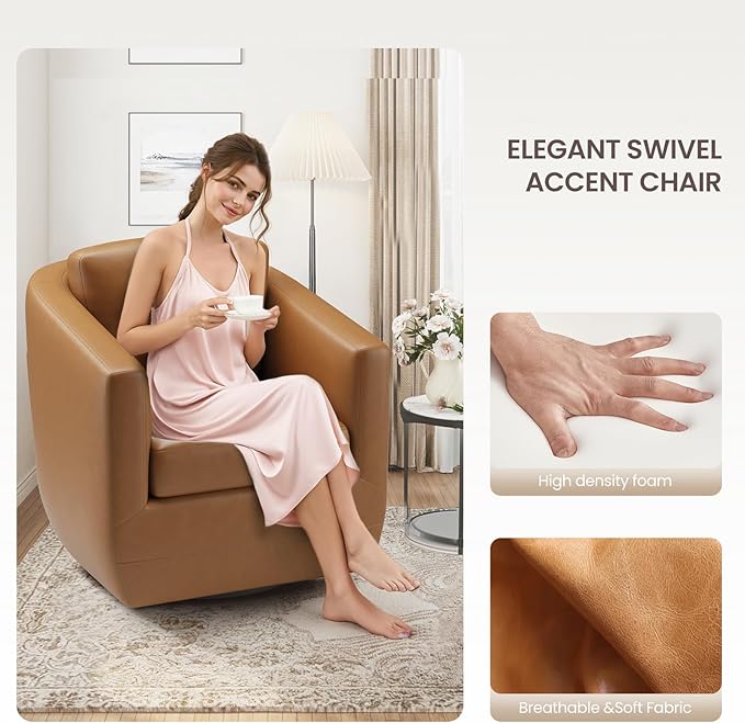 COLAMY 360° Swivel Accent Chair Set of 2 with Pillow Leather Living Room Armchair No-Sag Foam &amp Sturdy Metal Base Fully Assembled Swivel Single Sofa for Bedroom Living Room Reading Room Brown