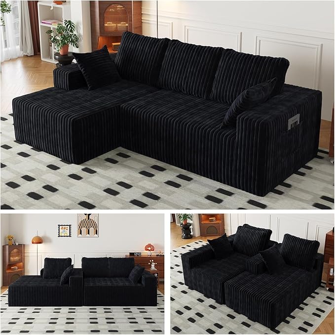 96 Cloud Sectional Couch with L-Shape Chaise4 Seat Modern Modular Sofa with Side Pockets Fluffy Upholstered Couches for Living Room Bedroom Memory Foam Corduroy Boneless CouchNo Assembly Required