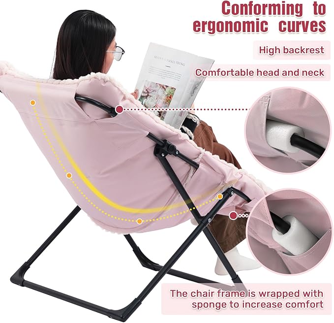 HollyHOME X-Large Saucer Chair Comfy Oversized Folding Chair Faux-Fur Reading Chair for Teens Adults Foldable Accent Chair Metal Lounge Chair for Living Room Bedroom Dorm Grid Champagne Pink