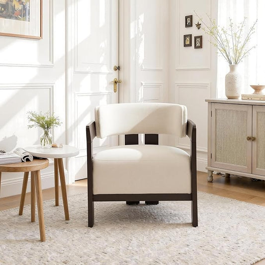 CIMOTA Modern Accent Chair Upholstered Barrel Side Chairs Chenille Fabric Guest Chair with Wooden Frame for Living Room Bedroom 1PC White