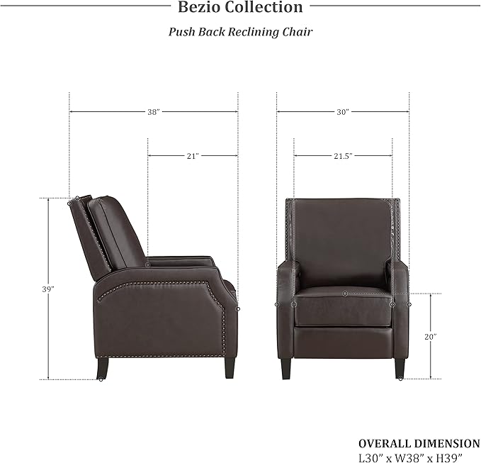 Lexicon Pushback Recliner Chair Faux Leather Armchair Push Back Recliner Nailhead Trim Solid Wood Legs Easy Assembly for Living Room/Office/Apartment Dark Brown