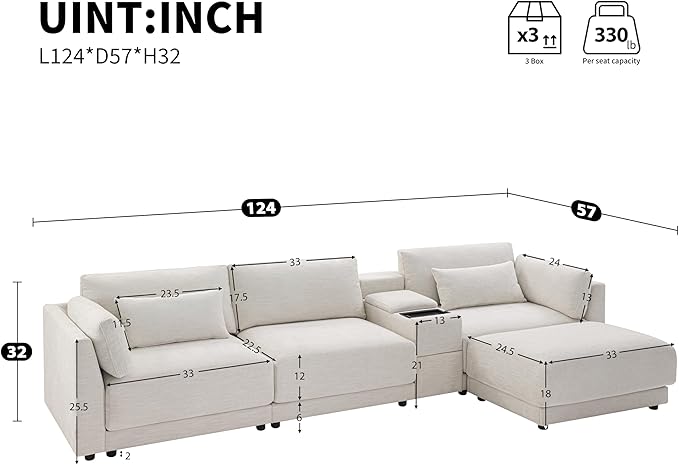 124'' Modular Sectional Sofa with Storage Console and Movable Ottoman 33'' Wide Seat 4 Seat L Shaped Chenille Couch Reversible Comfy Sofa with USB Charger for Living RoomApartment (Beige-K003)