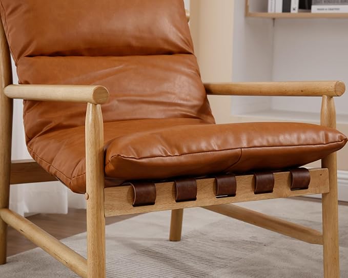 Mid Century Modern Sling Accent Chairs Set of 2 Faux Leather Living Room Chairs with Solid Wood Frame Comfy Upholstered Single Sofa Armchair for Lounge/Bedroom/Reading Brown