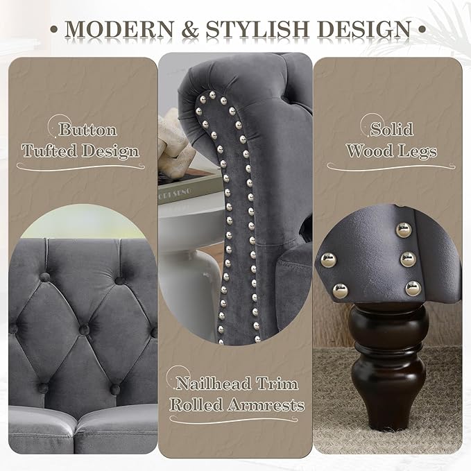 Chesterfield Sofa58 Button Tufted Velvet Couch with Rolled Arms&ampNailhead TrimComfy 2 Seater Loveseat SofaOversize Mid Century Modern Couch for Living RoomBedroomApartmentOffice(Grey)