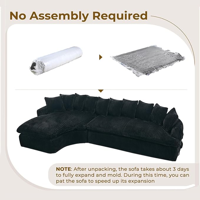 WILLIAMSPACE 127 Oversize Curved Sectional Sofa Foam Couch for Living Room Modern Upholstered Floor Foam Sofa L-Shape Curved Couch 5 Seater Sofas with 10 Cushions Corduroy Left-Facing Black